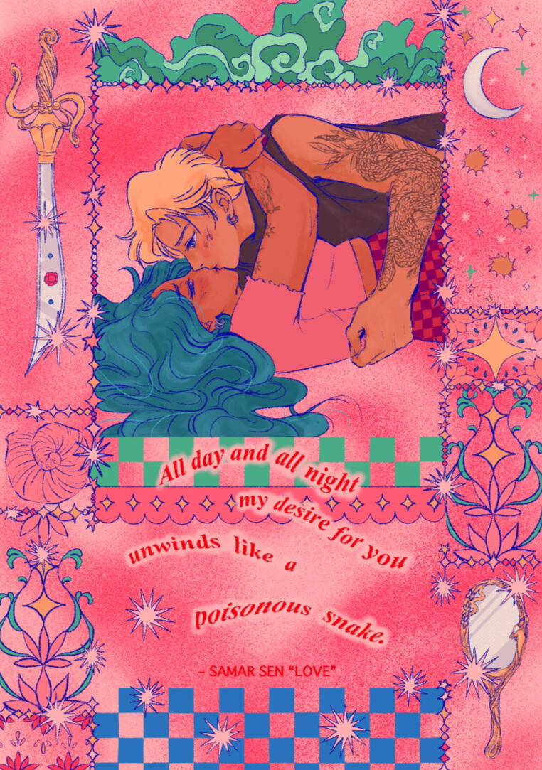 image 4: Haruka and Michiru | 2 half bodies/busts + 2 props + ornate design elements.