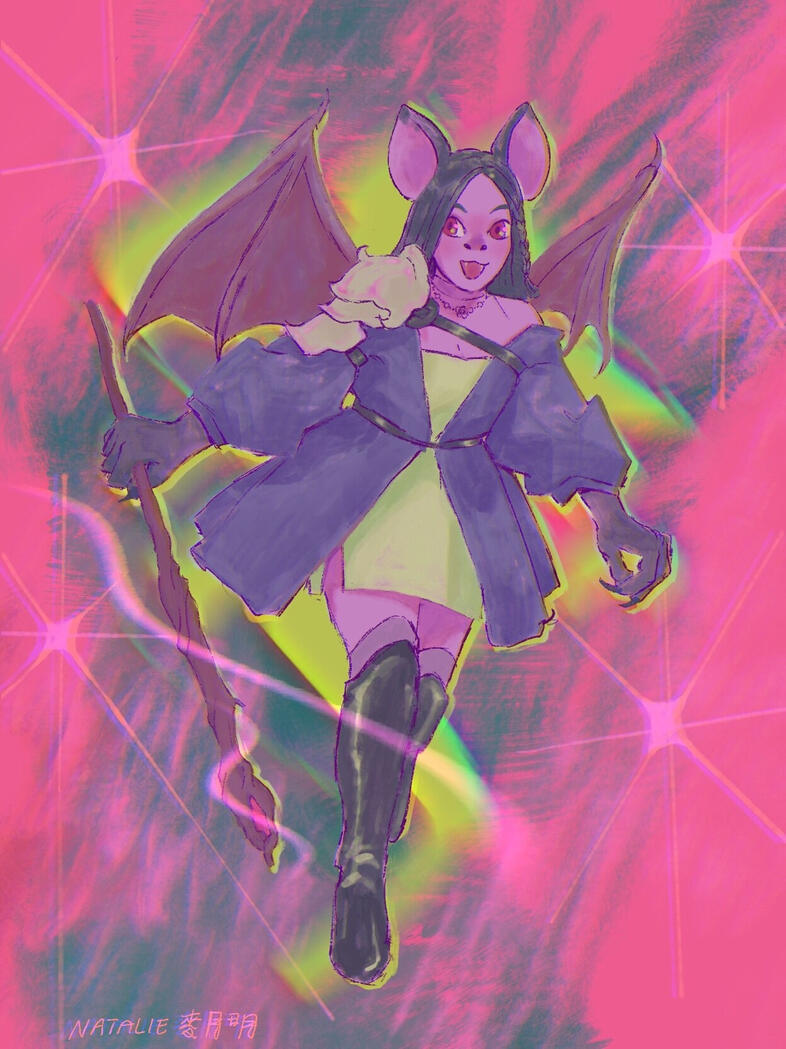 Bat-tina - Drawn and coloured with brushes that my middle school students made, 2024.